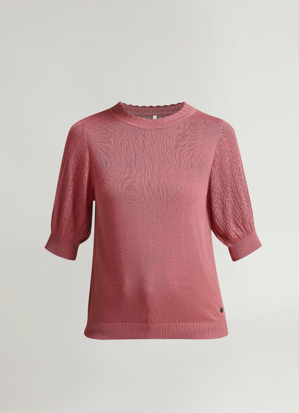 Pink Pointelle Design Puff Sleeve Flat Knit Top, , large image number 6