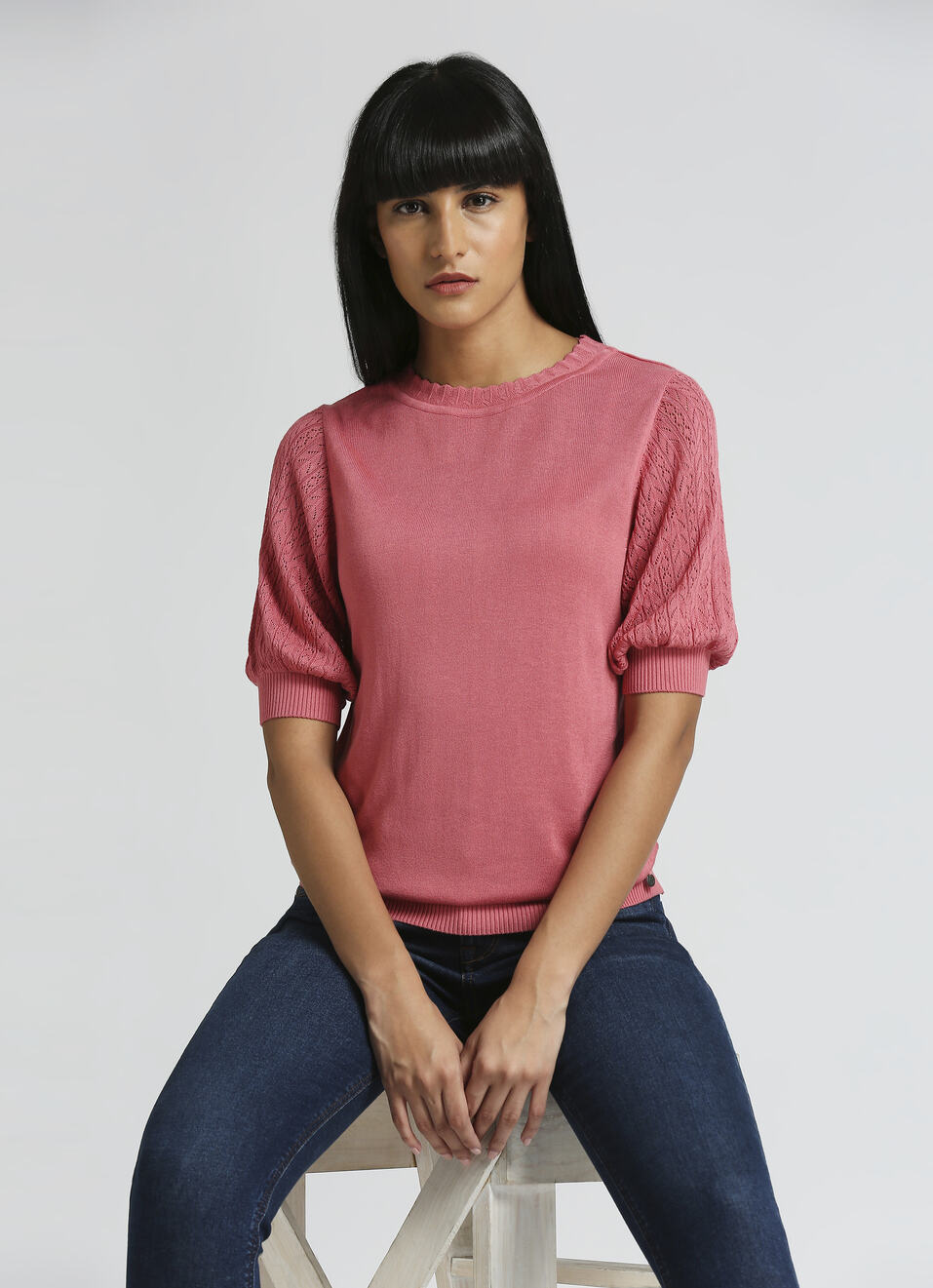 Pink Pointelle Design Puff Sleeve Flat Knit Top, , large image number 0