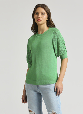 Green Pointelle Design Puff Sleeve Flat Knit Top