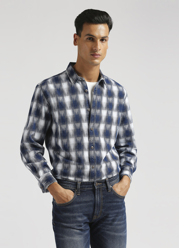 Yarn Dyed  Checks Indigo Long Sleeve Shirt