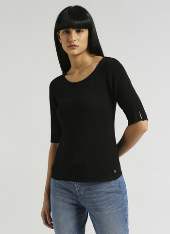 Black Rib Self Design Short Sleeve Top
