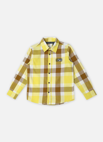 Boys Yellow Checks Slogan Print Long Sleeve Shirt