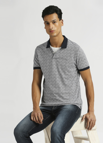 Blue All Over Print Contrast Neck Short Sleeve Polo