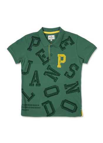 Boys Green Typographic Ribbed Collar Pique Polo