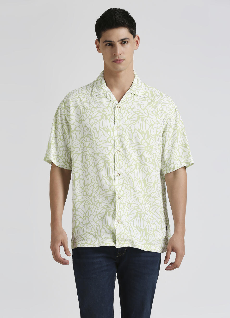 Mint All Over Print Resort Collar Trendy Short Sleeve Shirt, , large image number 1