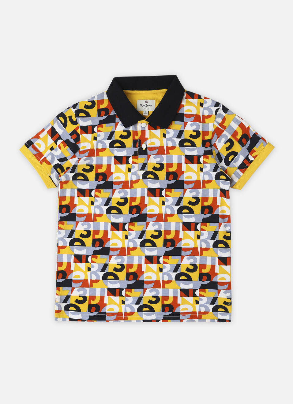 Boys Yellow Typographic Print Ribbed Collar Polo, , large image number 0