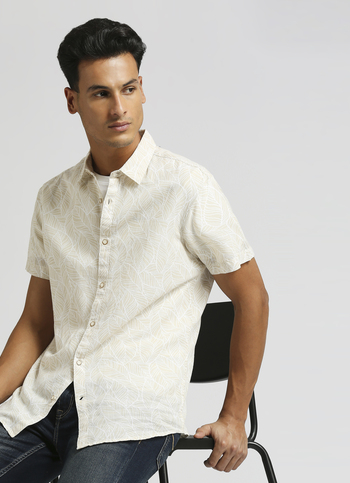Beige All Over Print Linen Short Sleeve Shirt