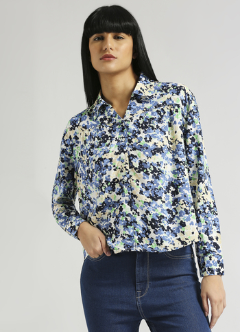 Blue Floral Print Front Yoke Long Sleeve Shirt