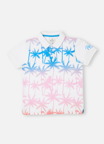 Boys White Beach Inspired Multicolour Print Polo