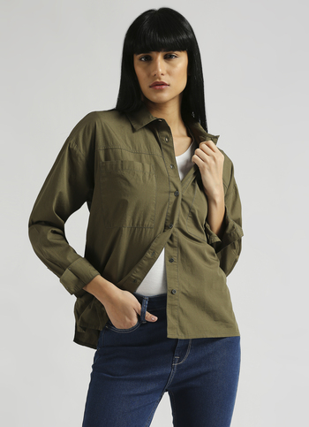 Green Solid Poplin Oversized Long Sleeve Shirt