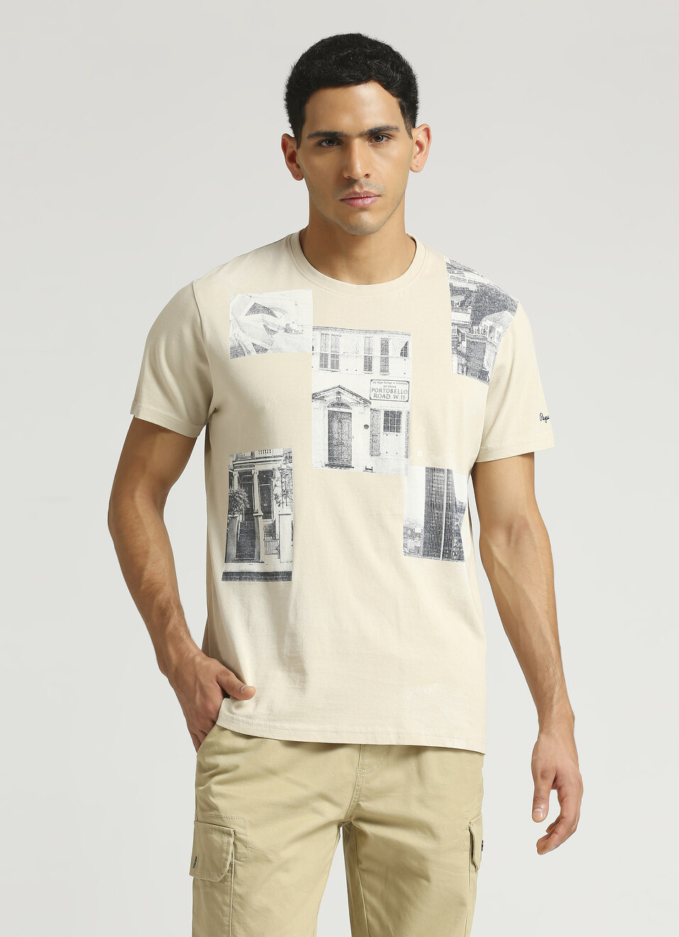 Beige Photographic Print Short Sleeve T-shirt, , large image number 1