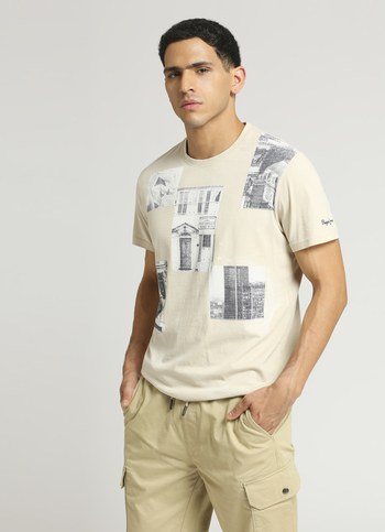 Beige Photographic Print Short Sleeve T-shirt