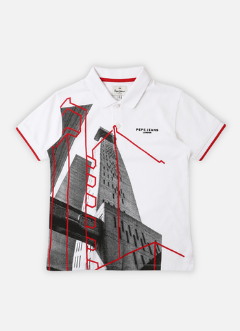 Boys White Photographic Print Short Sleeve Polo