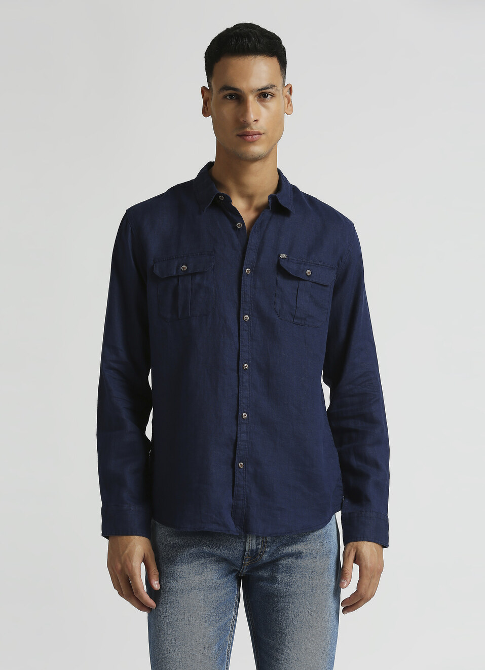 Navy Solid Linen Flap Pockets Long Sleeve Shirt, , large image number 1