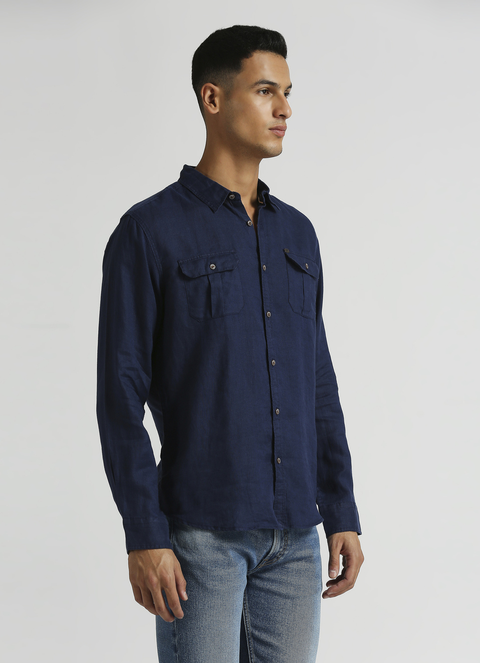 Navy Solid Linen Flap Pockets Long Sleeve Shirt, , large image number 3