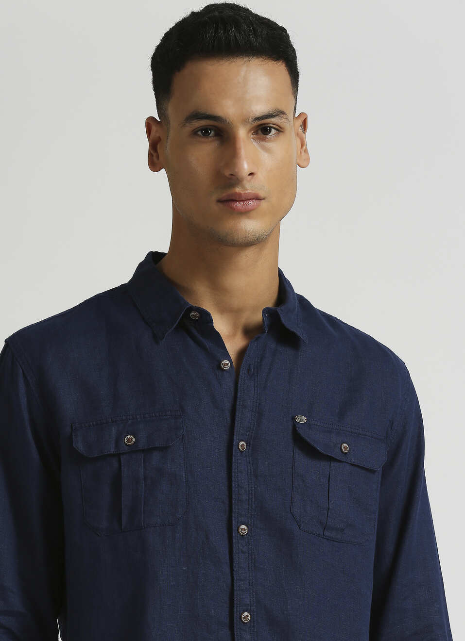Navy Solid Linen Flap Pockets Long Sleeve Shirt, , large image number 4