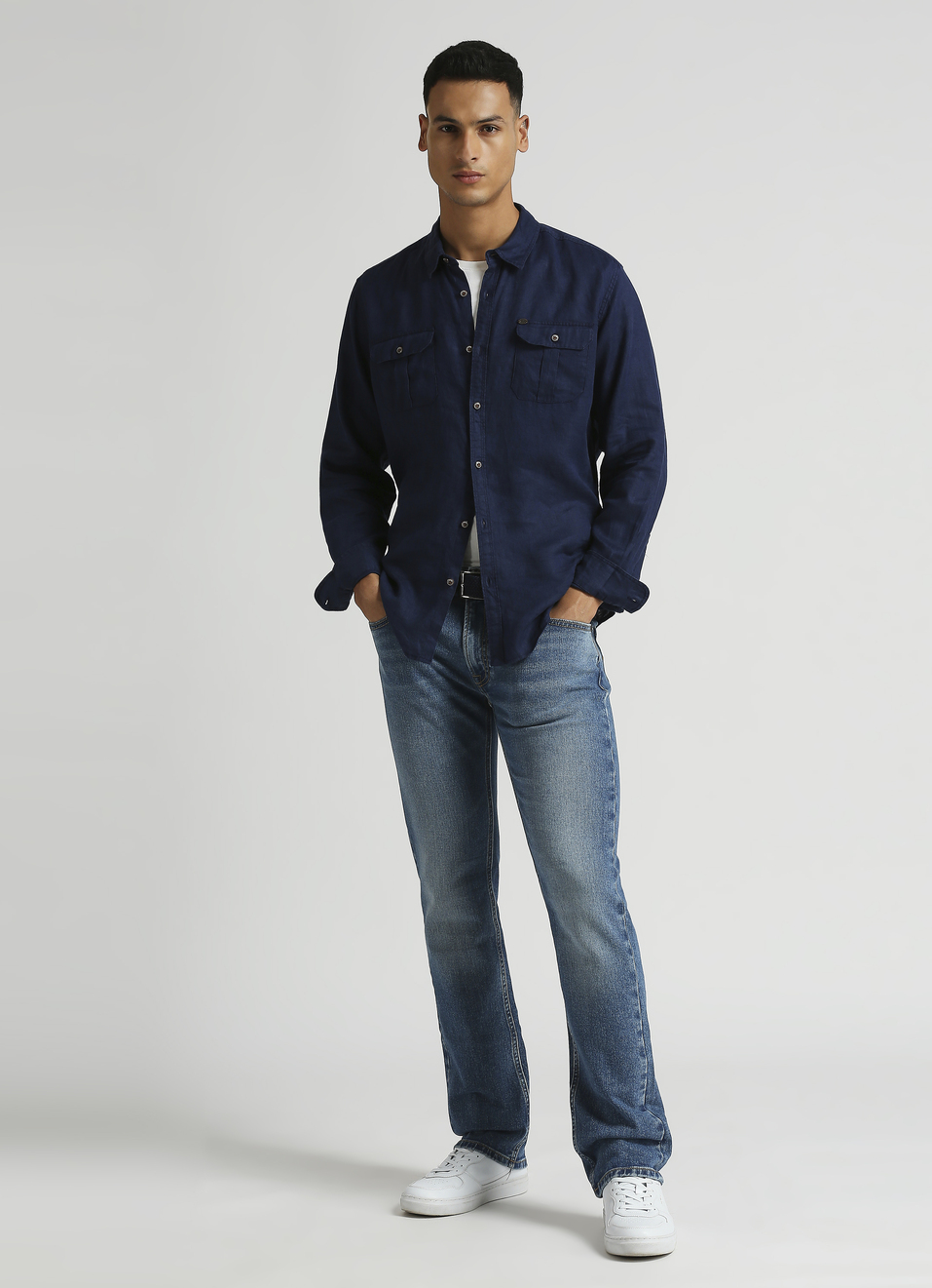 Navy Solid Linen Flap Pockets Long Sleeve Shirt, , large image number 5