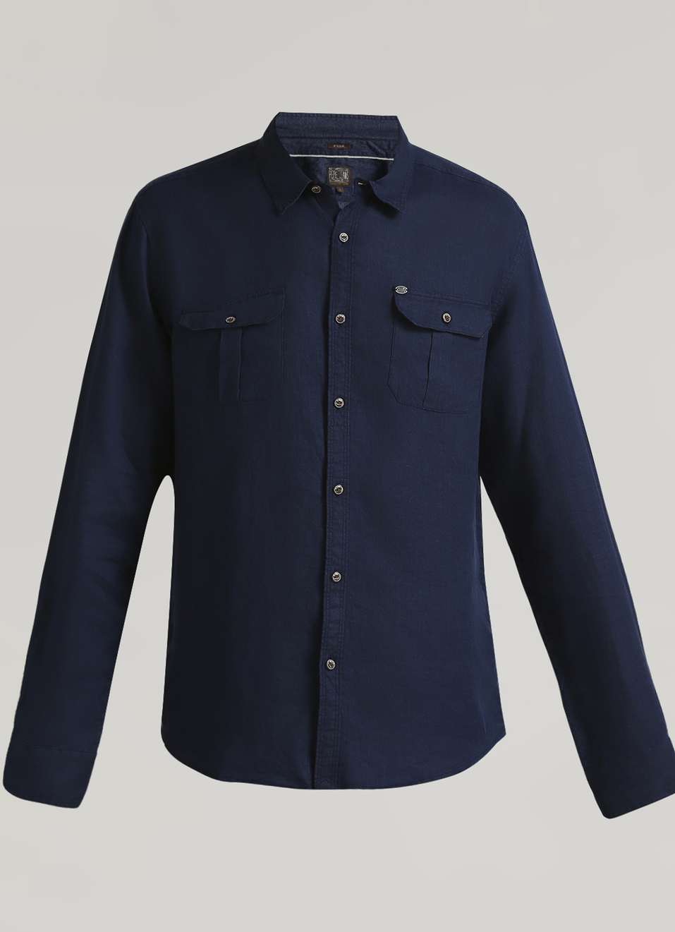 Navy Solid Linen Flap Pockets Long Sleeve Shirt, , large image number 6