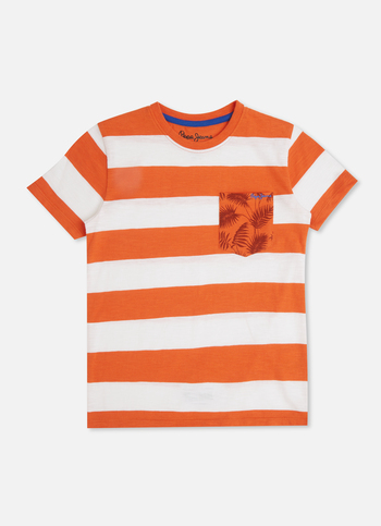 Boys Orange Stripes Tropical Aop Print Pocket T-shirt