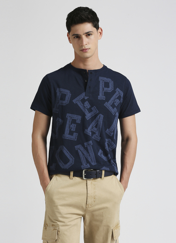 Navy Typographic Print Henley Neck Short Sleeve T-shirt