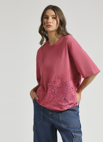 Pink Oversized Foil Print Drop Shoulder T-shirt