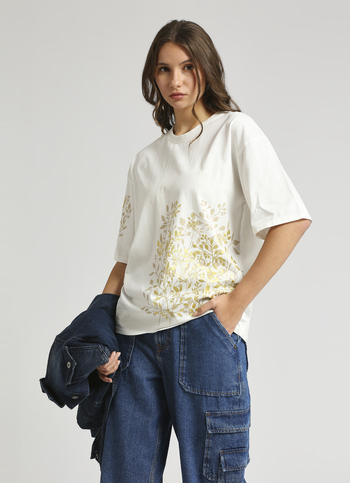 White Oversized Foil Print Drop Shoulder T-shirt