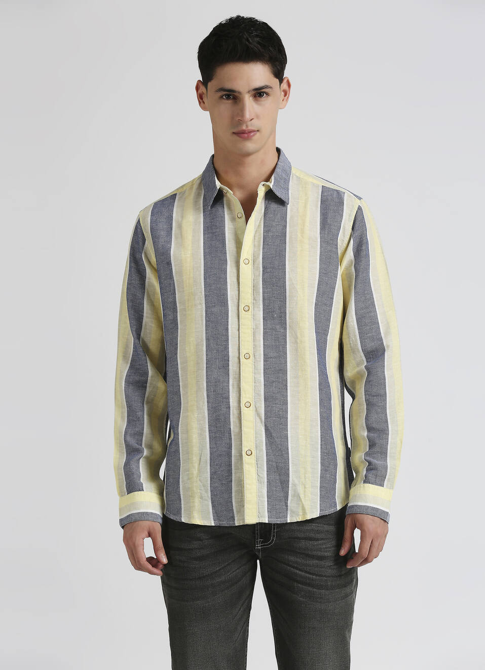 Blue Yarn Dyed Dobby Stripes Linen Long Sleeve Shirt, , large image number 1