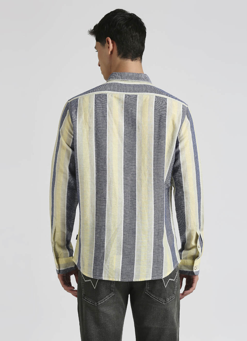 Blue Yarn Dyed Dobby Stripes Linen Long Sleeve Shirt, , large image number 2