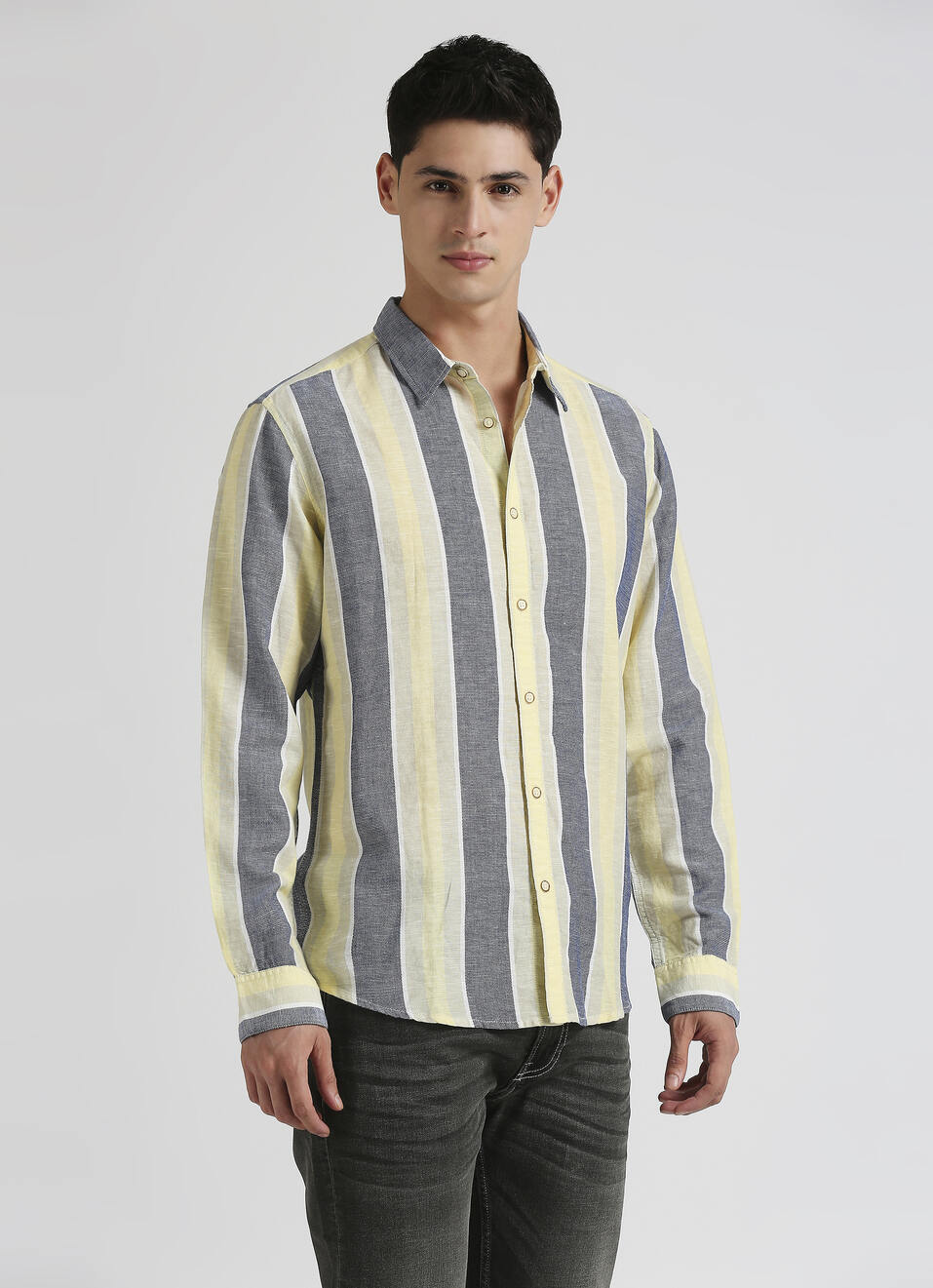 Blue Yarn Dyed Dobby Stripes Linen Long Sleeve Shirt, , large image number 3