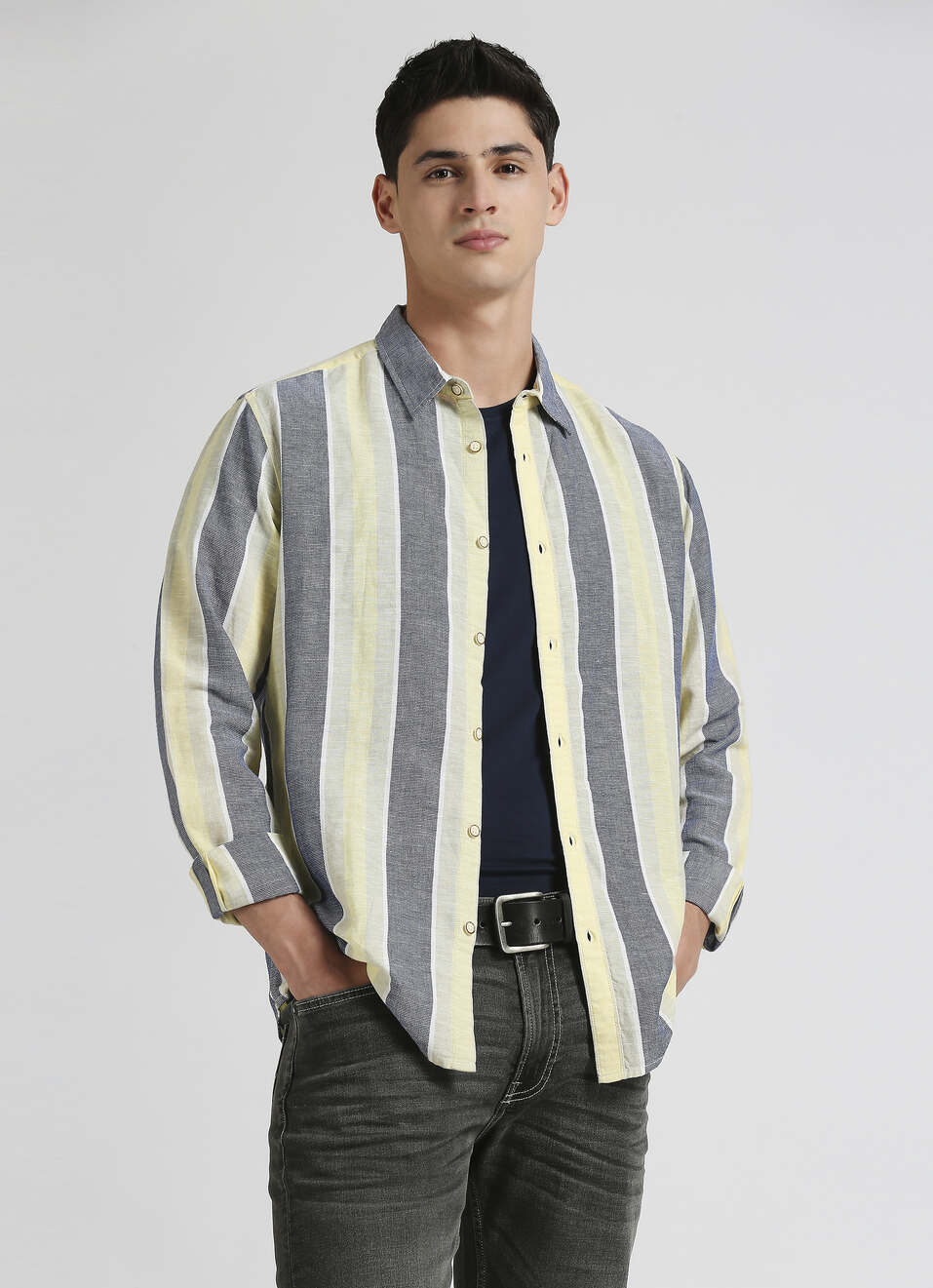 Blue Yarn Dyed Dobby Stripes Linen Long Sleeve Shirt, , large image number 0