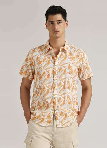 Orange Summer Botanical Print Linen Short Sleeve Shirt