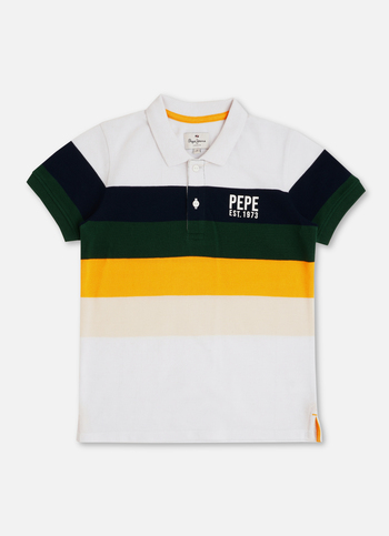 Boys Navy Engineered Stripes Brand Print Pique Polo