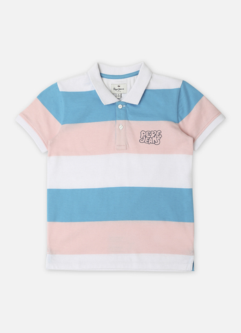 Boys Pink Stripes Puff Print Ribbed Collar Polo