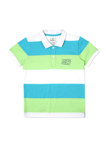 Boys Green Stripes Puff Print Ribbed Collar Polo
