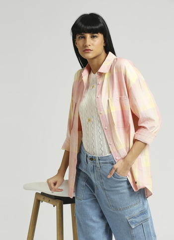 Pink Broad Checks Extended Shoulder Oversized Shirt