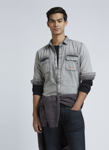 Ice Blue Double Flap Pockets Denim Long Sleeve Shirt