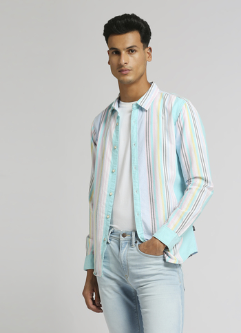 Aqua Stripes Trendy Summer Long Sleeve Shirt