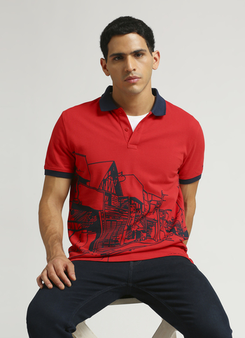 Red Placed Print Trendy Pique Short Sleeve Polo