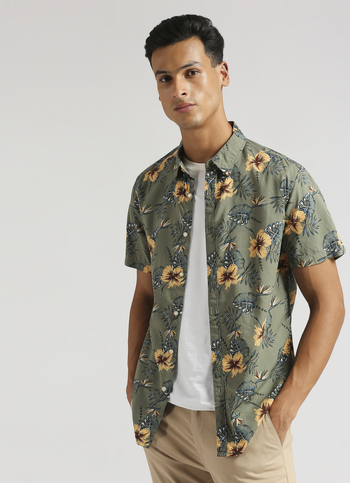 Olive Floral Print Short Sleeve Shirt