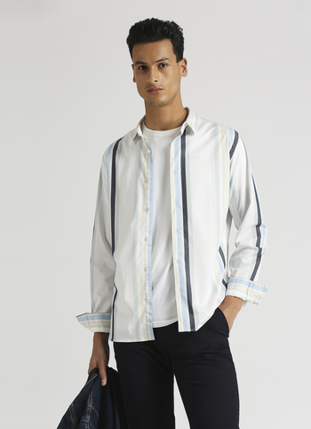 White Yarn Dyed Stripes Premium Stretch Long Sleeve Shirt