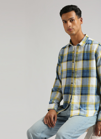 Yarn-dyed Checks Indigo Long Sleeve Shirt