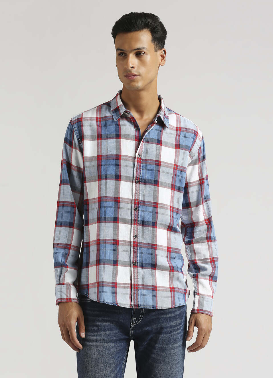 Yarn-dyed Checks Indigo Long Sleeve Shirt, , large image number 1