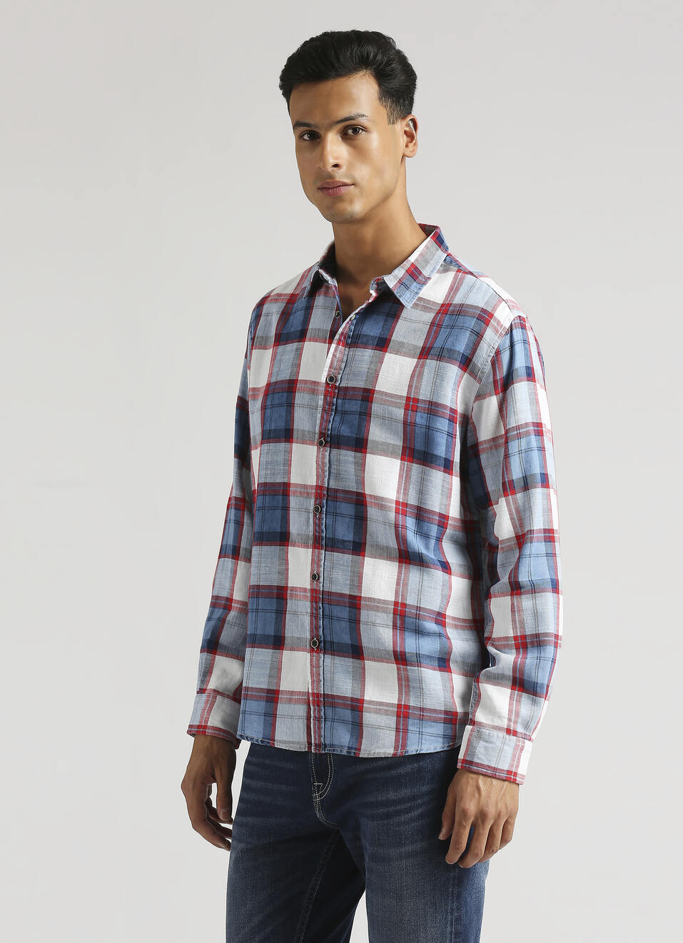 Yarn-dyed Checks Indigo Long Sleeve Shirt, , large image number 3