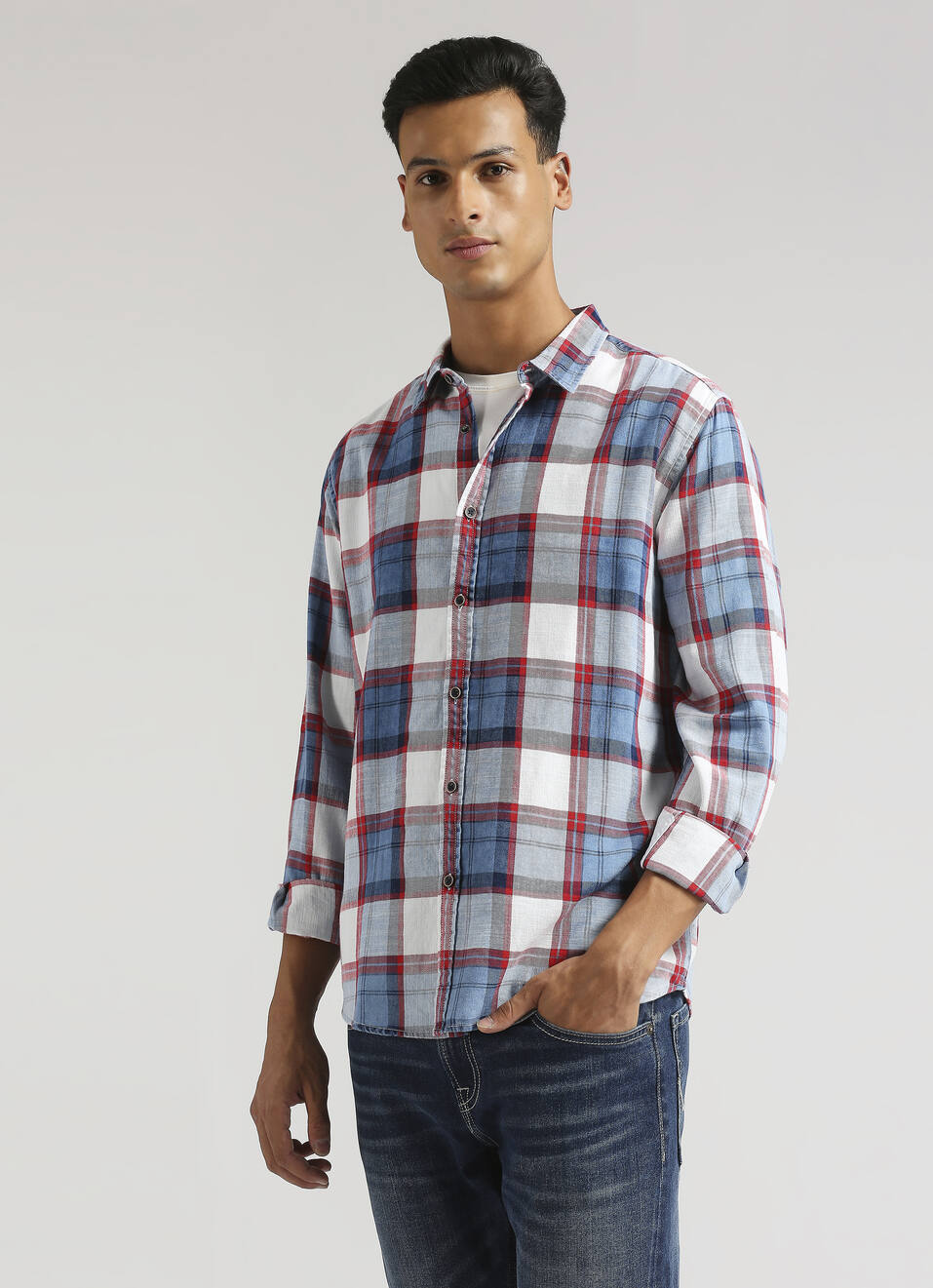Yarn-dyed Checks Indigo Long Sleeve Shirt, , large image number 0