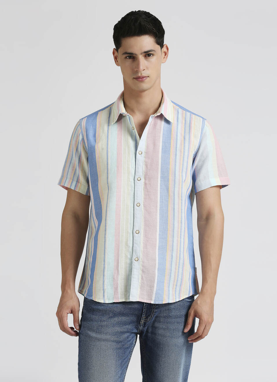 Green Stripes Linen Short Sleeve Shirt, , large image number 1