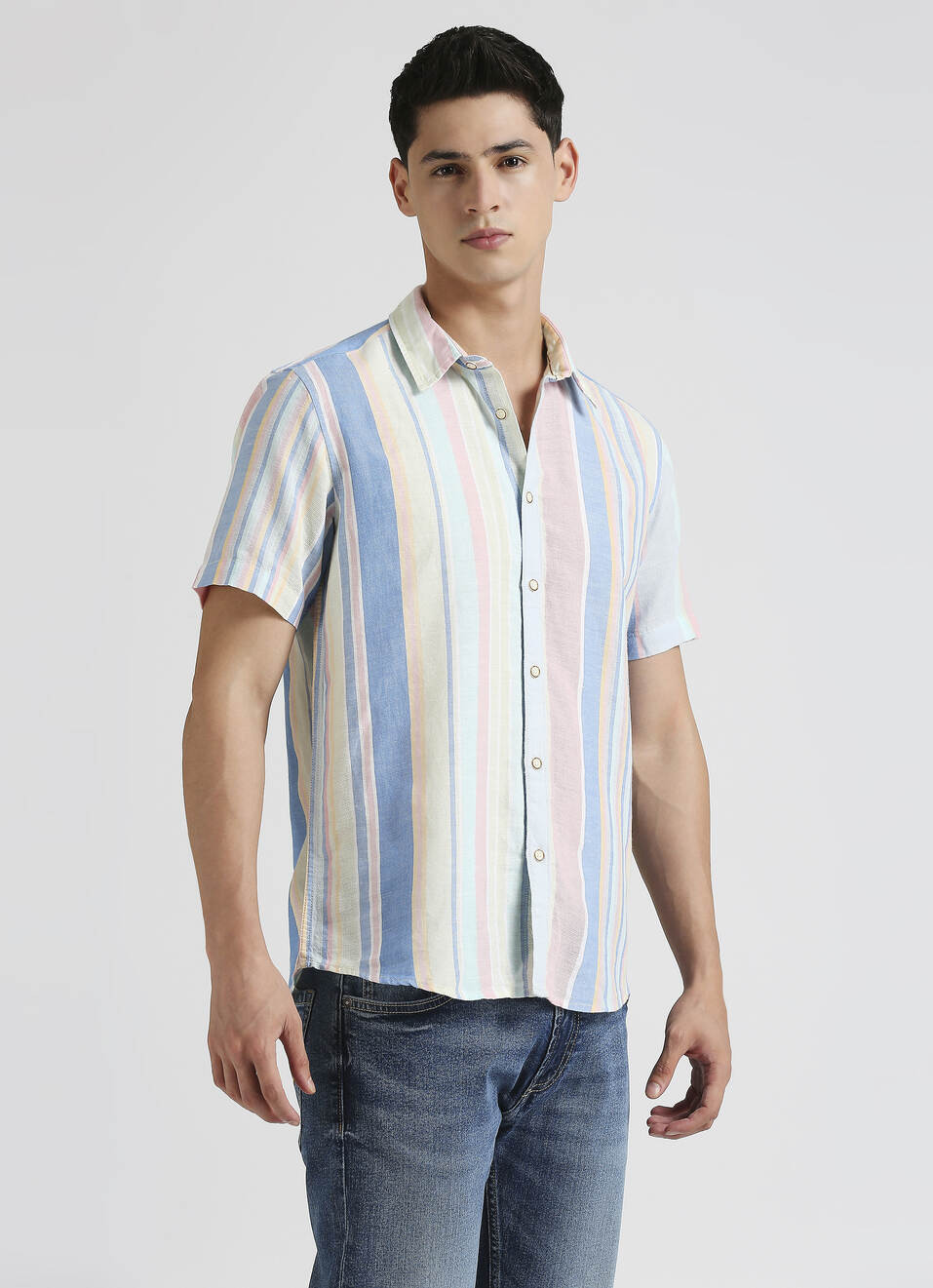 Green Stripes Linen Short Sleeve Shirt, , large image number 3