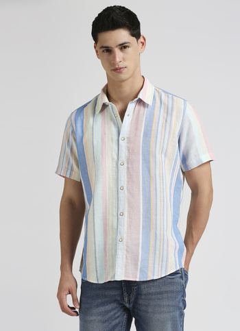 Green Stripes Linen Short Sleeve Shirt