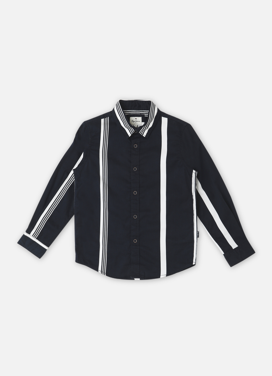 Boys Navy Twill Stripes Yarn Dyed Long Sleeve Shirt, , large image number 0