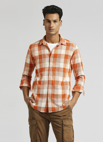 Orange Checks Yarn Dyed Slub Long Sleeve Shirt