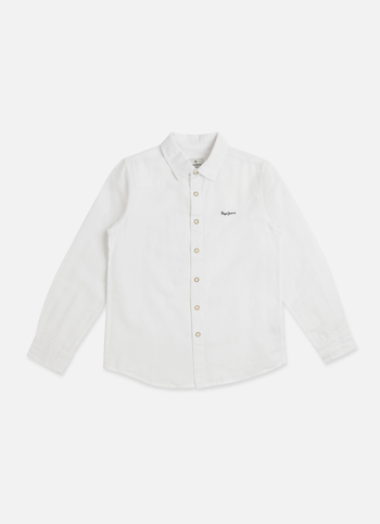 Boys White Solid Cotton Linen Slub Long Sleeve Shirt